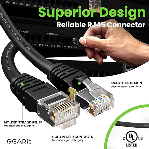 GEARit Cat 6 Ethernet Cable Pack - 100-Pack 1.5 ft Cat6 Ethernet Patch Cables | RJ45 Network Patch Cable, 10 Gbps Snagless Gold-Plated Connectors - Ethernet Cable Cat 6 for PC, TV, Router - Black