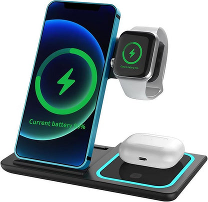 2025 Traveling Portable Wireless 3-in-1 Charger for iPhone 16/15/14/13/12/11, Apple Watch 10/9/8/7/6/5/4/3/2/SE/Ultra/Ultra 2, AirPods 2/3/4/Pro – Compact & Stylish Black Dock.