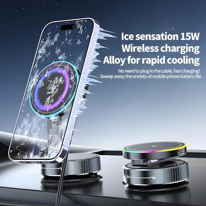 Wireless Charger Car Phone Holder for Magsafe,360°Adjustable Vacuum Magnetic Phone Holder,Nano Gel Suction Cup/RGB Light Suction Cup Mount for Non Smooth Surfaces Compatible iPhone&Android