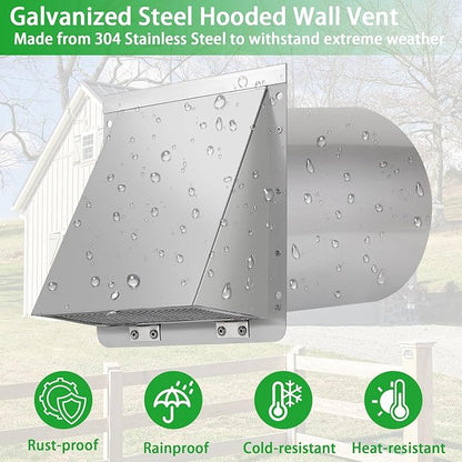 8 Inch Wall Vent,Hooded Wall Vent with Screen and Damper,Outdoor Wall Exhaust Vent Cover Exterior Wall Mount Cap for Kitchen Range Hood HVAC Duct Dryer Air Ventilation,Stainless Steel