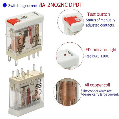 UL Listed 12Pcs 8Amp Mini Relay Switch DPDT with Test Button 110V-120V AC 2NO 2NC 5Pin Socket Base with Indicator Light