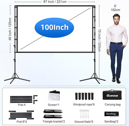 100-Inch Portable Projector Screen with Stand - Indoor Outdoor Movie Screen for Home Theater, Backyard & Classrooms 16:9 4K HD Lightweight Projection Screen Includes Carry Bag for Travel & Camping