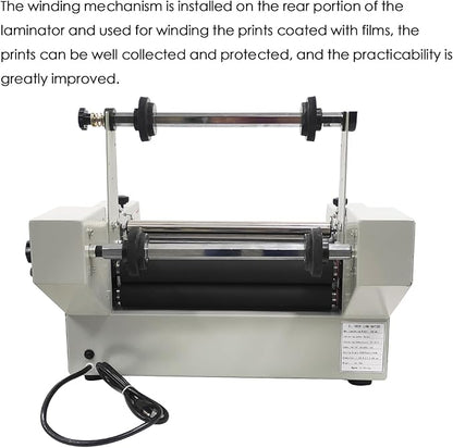 WYDDDARY 14.17"/360MM Electric Steel Roller Thermal Laminator with Winding Mechanism Hot Cold Roll Laminator Adjustable Temp 60-130℃ Electric Laminating Machine for Single/Double Sided Laminating