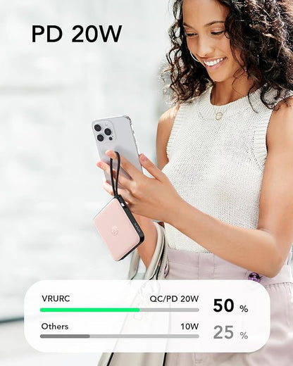 VRURC Mini Portable Charger, 22.5W USB C Fast Charging 10000mAh Pocket Power Bank with Built-in Cable, Battery Pack for iPhone 16 15 14 13 Samsung Galaxy S23 S22 Google Android, Pink(1 Pack)