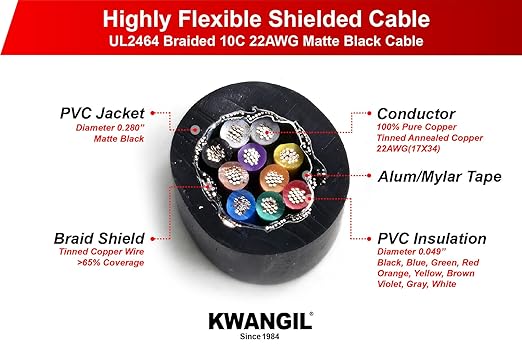KWANGIL 10C 22AWG AMSB Shielded Cable Wire (UL2464) - Highly Flexible Str TC, PVC Ins, OS+TC BRD, PVC JKT for CNC Machine, Stepper Motor, VFD Spindle (Matte Black 50FT)