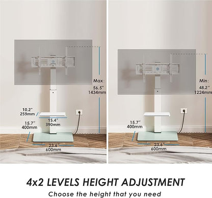 FITUEYES Floor TV Stand for 32-75 inch TV with Power Outlet, Tall TV Stand for Bedroom Living Room with Tempered Glass Base, Floor TV Mount Holds Up to 88lbs MAX VESA 600x400mm,White