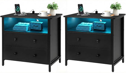 Tykacna 27 Inch Wide Night Stand, Large Wood Night Stand Set 2 with 2 Drawers, LED Nightstand with Charging Station and Adjustable Drawer, Bedside Table for Living Room/Bedroom/Study/Office, Black.