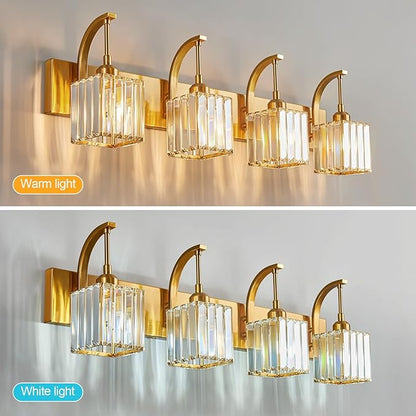 FDPBY Crystal Vanity Lights 4-Light Gold Bathroom Vanity Lights Modern Crystal Bathroom Light Fixtures Over Mirror 32.67" Long Vanity Light for Bathroom