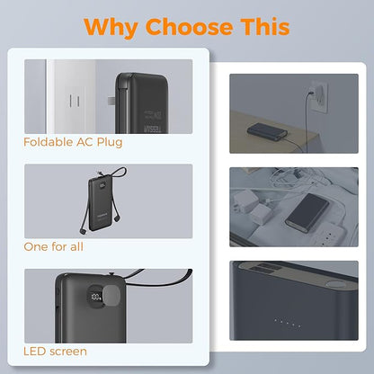 TESSAN Portable Charger with Built in Cables, 10000mAh Power Bank Fast Charging with Foldable AC Plug, 20W Compact Battery Pack Travel Essentials for iPhone 16/15 Series, Samsung, Tablets, Black