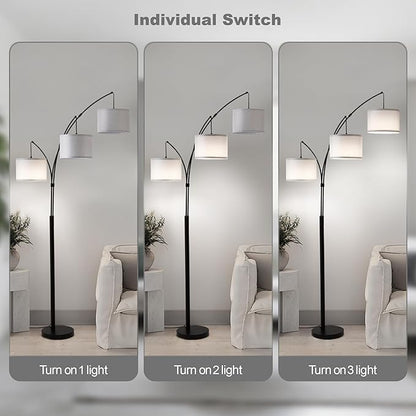 Fansdrick Floor lamp with Remote, 3 Light Arc Floor Lamps for Living Room, 2400LM Tall Standing Floor Lamps with Gray Shades, 80" Large Floor Lamp for Bedroom, Office