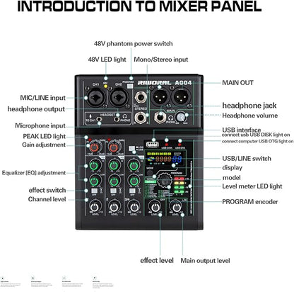 4 Channel Audio Mixer With Effects 88 Dsp Mixer Mixing Board Usb Interface Bluetooth Music Player + 48v Line Phantom Power Audio Mixer To Pc/Phone For Karaoke Record Livestream