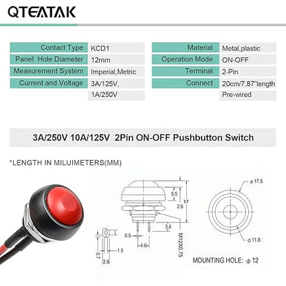 QTEATAK 1/2"(12mm) Pre-Wired Mounting Hole On/Off Red Mini Round Waterproof Momentary Push Button Switch JF-33B -2Pack