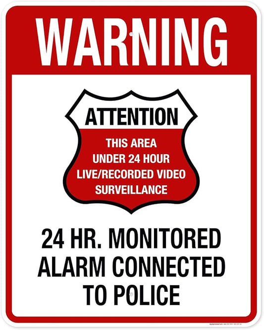 Warning 24 HR. Monitored Alarm Connected To Police Sign, 24x30 Inches, Rust Free .063 Aluminum, Fade Resistant, Made in USA by My Sign Center