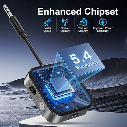 2026 Pro Bluetooth 5.4 Transmitter Receiver, 2-in-1 Wireless Audio Adapter for Airplane/TV/PC/Gym - Dual Link Headphone, Low Latency, Battery Display, Built-in Mic, 30H Playtime, Aviation Metal Frame