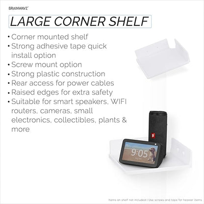 9" Small Corner Shelf Mount, Adhesive & Screw in, for Speakers, Cameras, Baby Monitors, Plants, Books Electronics, Collectibles & More, Floating Shelves (White) by Brainwavz