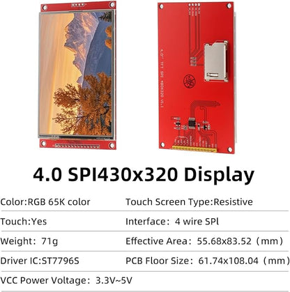 MELIFE 4.0" TFT Touch Screen, 480x320 LCD Display Module SPI ST7796S Driver for Arduino R3/Mega2560, with PCB 5V/3.3V STM32 & Touch Pen