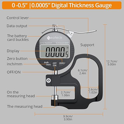 Neoteck Digital Thickness Gauge (Silver-Black, 0-0.5"/0.0005")