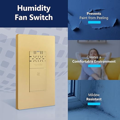 LIDER No Neutral Wire Required Humidity Sensor Switch, Automatic Humidity Detection, Air Circulator, Bathroom Fan Automated Control, Adjustable Timing, 1-Pole, Gold, Screwless Wall Plate Included