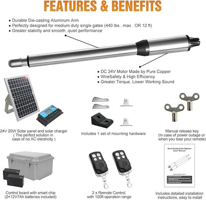 JUJIANG C01 Solar Gate Opener with Batteries & Solar Panel for Dual Swing Gates Up to 440lb 12FT per Arm Automatic Gate Opener with Remote Complete Kit Light Duty Automatic Gate Openers Solar Powered