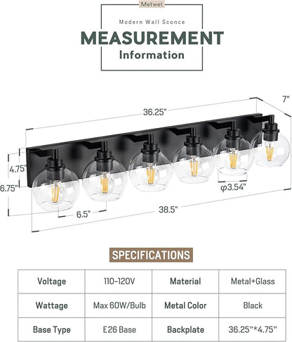 METWET Bathroom Light Fixtures, 6 Light Matte Black Vanity Light, 38 Inch Modern Wall Sconces with Globe Clear Glass Shade, Vanity Lighting Fixtures Over Mirror, VL195-MB-6