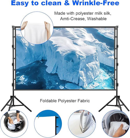 VntB Outdoor Projector Screen with Stand, 150 inch Portable Projection Screen Wrinkle-Free 16:9 4K HD Rear Front Movie Screen with Carry Bag for Indoor Home Theater, Camping and Backyard Entertainment