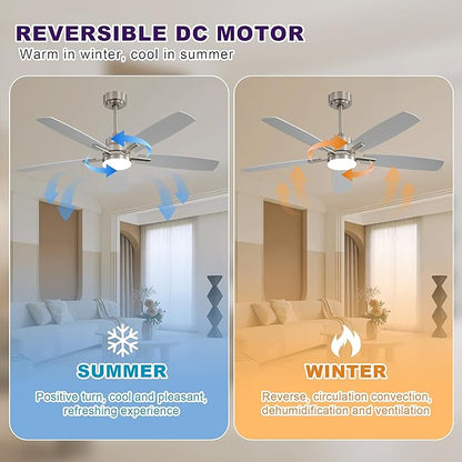 ARTPLAN 52" Ceiling Fan with Light and Remote, Noiseless DC Motor & Reversible Blades - Flush Mount LED Ceiling Fan for Bedroom, Living Room, Dining Room,Nickel