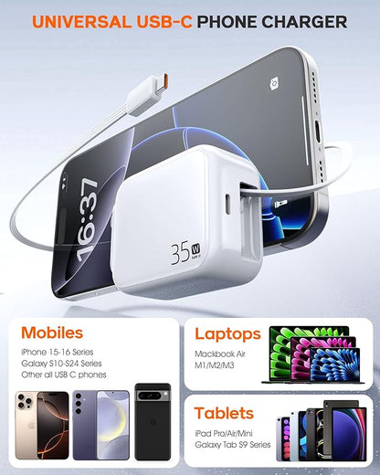 35W Retractable USB-C Wall Charger, Fast Charging Block with Foldable Plug and Retractable Type-C Cable, Dual Port PD Charger for iPhone 16/15, Galaxy S23/S22, LG, Compact for Travel & Home