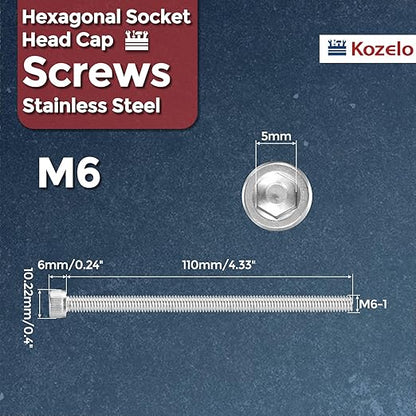 Kozelo 10pcs Socket Head Cap Screws - [M6-1 x 110mm] 304 Stainless Steel Allen Socket Drive for Electrical Motor 3D Printing Fan Engine Replacement Use, Silver