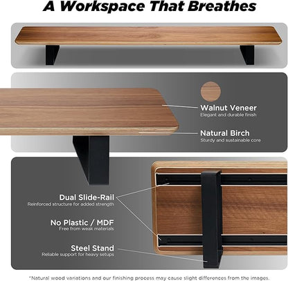 ULTRARM Moodular Wooden Monitor Stand 45.6” (116cm) Large Desk Organizer with Metal Slide Rails for Drawer, Tray, Laptop, Tablet, Phone & Headphones Customizable Riser for Organized Workspace Walnut