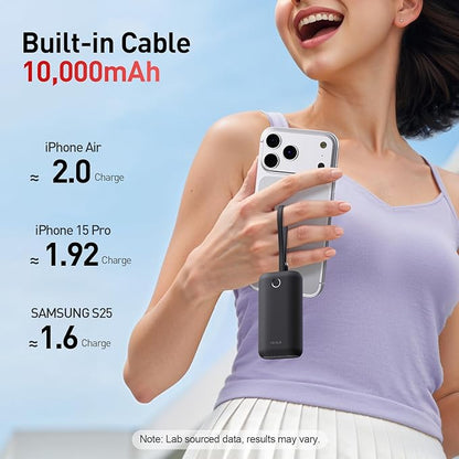 iWALK Mini Portable Charger 10,000mAh, 22.5W USB-C Fast Charging Power Bank with Built-in Cable, Travel Essential Ultra-Small Battery Pack Compatible for iPhone 17/16/16 Pro/15, Samsung, Google, Black