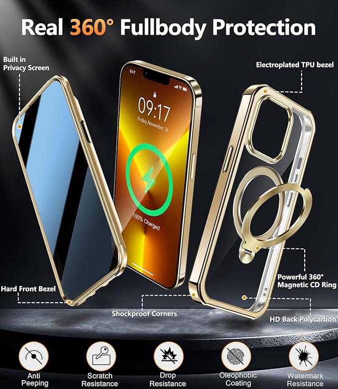 [360° Rotatable CD Stand & Built-in Privacy Screen Magnetic Case for iPhone 13 Pro Max[Compatible with MagSafe&Full Signal] Mil-Grade Shockproof Full Body Anti-Spy Cover for 13 Pro Max-Gold