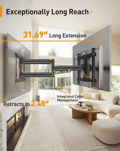 Perlegear Long Arm Full Motion TV Wall Mount for 55–120 inch TVs up to 225 lbs, Pre-Assembled TV Mount with Long Extension, Swivel & Tilt, Fits 16″/18″/24″ Wood Studs, Max VESA 900x600mm, PGXLF03B