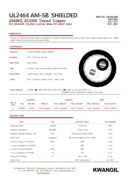 KWANGIL 2C 20AWG AMSB Shielded Cable Wire (UL2464) - Highly Flexible Str TC, PVC Ins, OS+TC BRD, PVC JKT for CNC Machine, Stepper Motor, VFD Spindle (Matte Black 100FT)