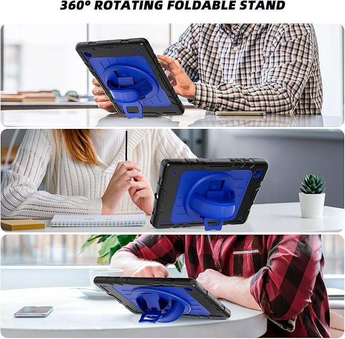 for Samsung Galaxy Tablet A8 Case 10.5 inch 2022 SM-X200/X205/X207 with Screen Protector [360 Rotating Stand] &Hand Shoulder Strap Shockproof Rugged Protective Cover|Black&Blue