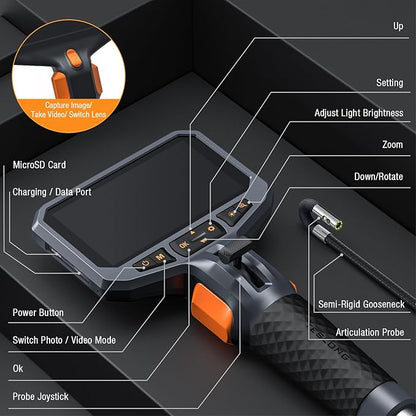 Articulating Borescope with Dual Lens Endoscope Camera, Teslong Two-Way Articulated Industrial Inspection Camera with LED Light, Flexible Mechanic Fiber Optic Snake Scope Cam for Wall Automotive-5FT