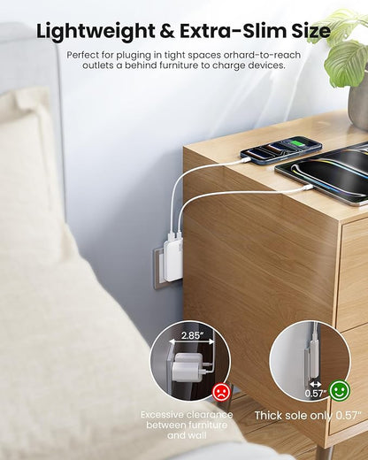 65W Ultra-Thin Foldable Charging Plug USB-C, Portable Mobile Phone and Laptop Charger, USB-C Wall Multi-Port Charger Outlet Suitable for iPhone 15/16/17 Series and Samsung Galaxy Series Models