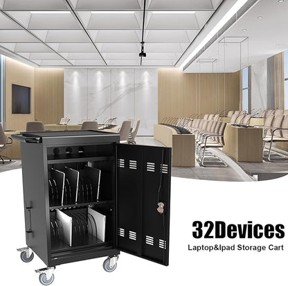 Aokleo 32 Devices Laptop Charging Cart, Tablet Storage Carts for Pad Up to 16.3" Screen Size, Classroom Computer Mobile Charging Station for Pads,Chromebooks,Laptops,Security Storage (Black)