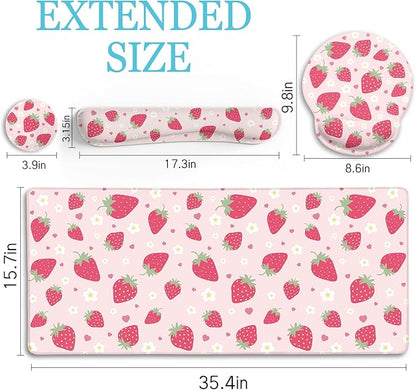 LIMKRIAN Strawberry Mouse Pad Desk Mat Set, Pink Ergonomic Mouse Pad with Wrist Rest, Large Gaming Mousepad Wrist Support Keyboard Mat Cup Coaster Set, Cute Office Desk Decor Accessories Supplies