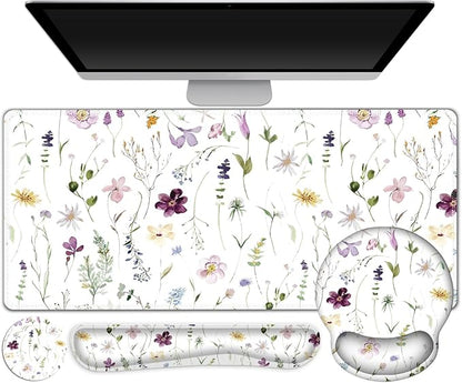 Gaming Mouse Pad, Large Desk Mat, Cute Desk Pad Protector, 4in1 XXL Mousepad + Keyboard Wrist Rest+Mouse Wrist Rest+Coaster Set with Ergonomic Desk Pad for Home Office Computer, Purple Flower Plants