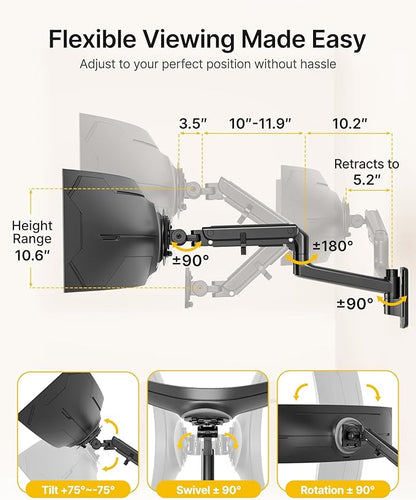 monTEK Monitor Wall Mount for 17-57“ up to 59.4 lbs Ultrawide Screens, Single Heavy-Duty Aluminum Gas Spring Monitor Arm with Full Motion Adjustment, VESA 75x75/100x100 Compatible, Black