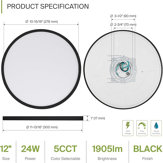 ASD LED 12" Round Flush Mount Ceiling Light Fixture, Low Profile Surface Lighting | 5CCT, Dimmable, Ultra-Thin, ETL Listed | 24W 1900LM 2700-6000K 120V | Kitchen, Bedroom, Hallway Lamp | Black, 4 Pack
