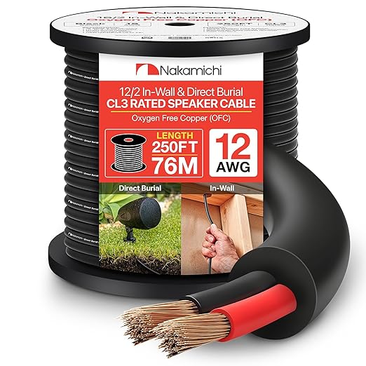 Nakamichi 12/2 (250-Foot) in-Wall & Direct Burial (UL CL2 CL3 Rated) Oxygen-Free Copper (OFC) 2-Conductor Speaker Cable Wire, Outdoor In-Ground, in-Ceiling, Riser, Black (12AWG / 250ft / 76.21m)