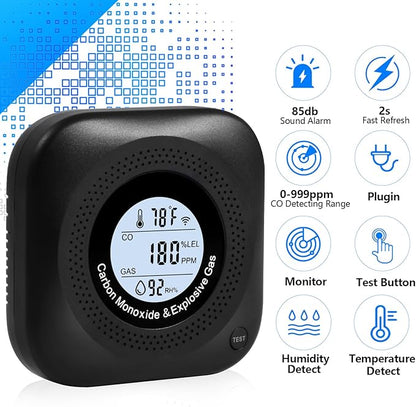 Carbon Monoxide Detectors, 4-in-1 Natural Gas Leak Detector, Portable Carbon Monoxide Detector, Plug in Wall CO Alarms with AC Socket and Temperature & Humidity Monitoring for RV, Home, Hotel (Black)