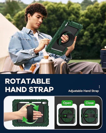 Cantis Case for iPad 11-inch (A16) 2025/ iPad 10th Generation 2022 (10.9 inch) with Screen Protector, iPad 11th Case with 360 Degree Rotating Stand/Shoulder Strap/Pencil Holder, Alpine Green