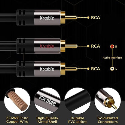 Kxable RCA Y-Adapter Splitter Cable 25 Feet, 1 RCA Male to 2 RCA Male Stereo Audio Subwoofer Cable, Bi-Directional, for Home Theater, Hi-Fi System, Amplifier, Speaker, 24K Gold Plated, OD:5.0MM