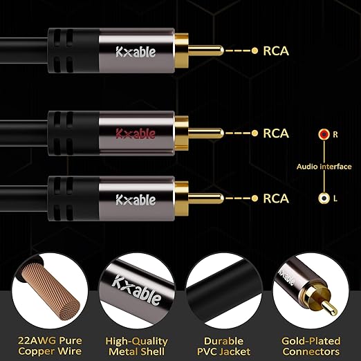 Kxable RCA Y-Adapter Splitter Cable 50 Feet, 1 RCA Male to 2 RCA Male Stereo Audio Subwoofer Cable, Bi-Directional, for Home Theater, Hi-Fi System, Amplifier, Speaker, 24K Gold Plated, OD:5.0MM