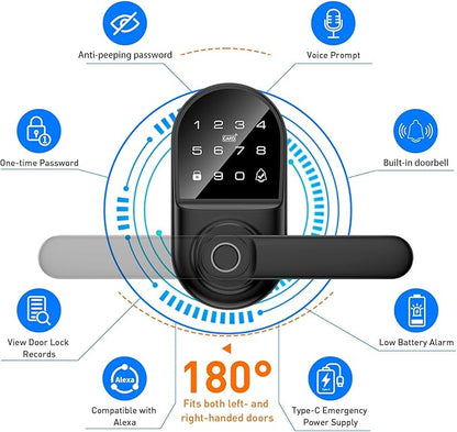 Smart keypad Door Lock with Handle，Fingerprint Keyless Entry Digital Lock with Built-in doorbell for Front Door,Bedroom,biometric Door knob,with Gateway Remote APP Control