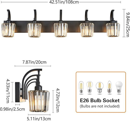 FDPBY Modern Bathroom Vanity Light, 5-Light Black Wall Sconce with Crystal Accents, Over Mirror Bathroom Lighting Fixture, 42.51" Long Dimmable Vanity Lamp for Makeup, Easy Installation
