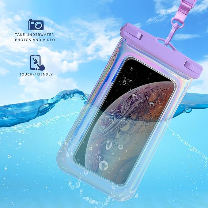 Floatable Waterproof Phone Pouch Case for iPhone 16 Pro Max/15/14/13/12, IP68 Travel Cellphone Dry Bag Beach Cruise Ship Essentials Bags with Crossbody Lanyard, Iridescent Purple-7″2 Pax