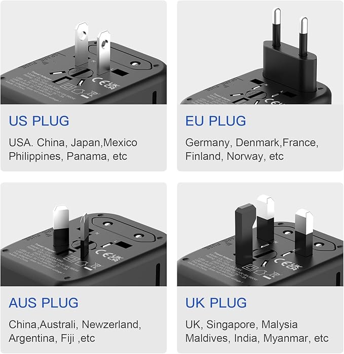 Universal Travel Adapter, 5 in 1 International Travel Plug Adapter with 2 USB A and 2 USB C, Worldwide Travel Plug Adaptor UK to European Power Socket Charger for EU USA UK AUS Asia